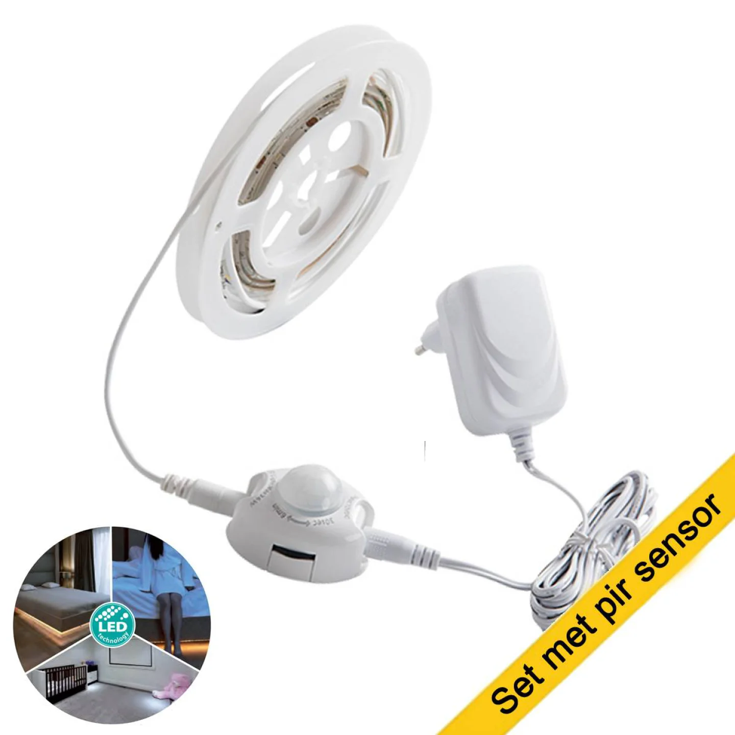 Ledstrip set bewegingsmelder onder bed.