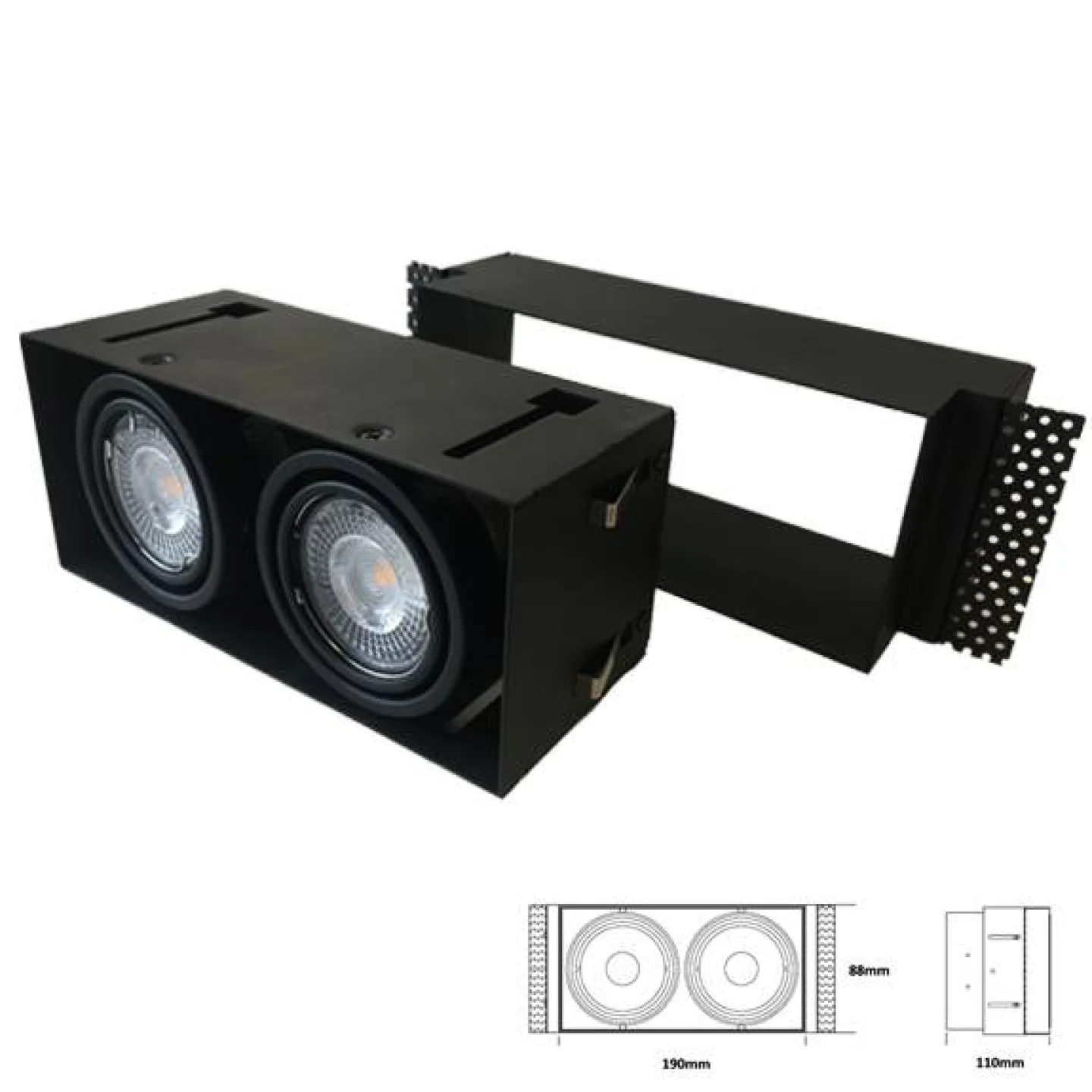 Trimless dubbel inbouwspot GU10 zwart.